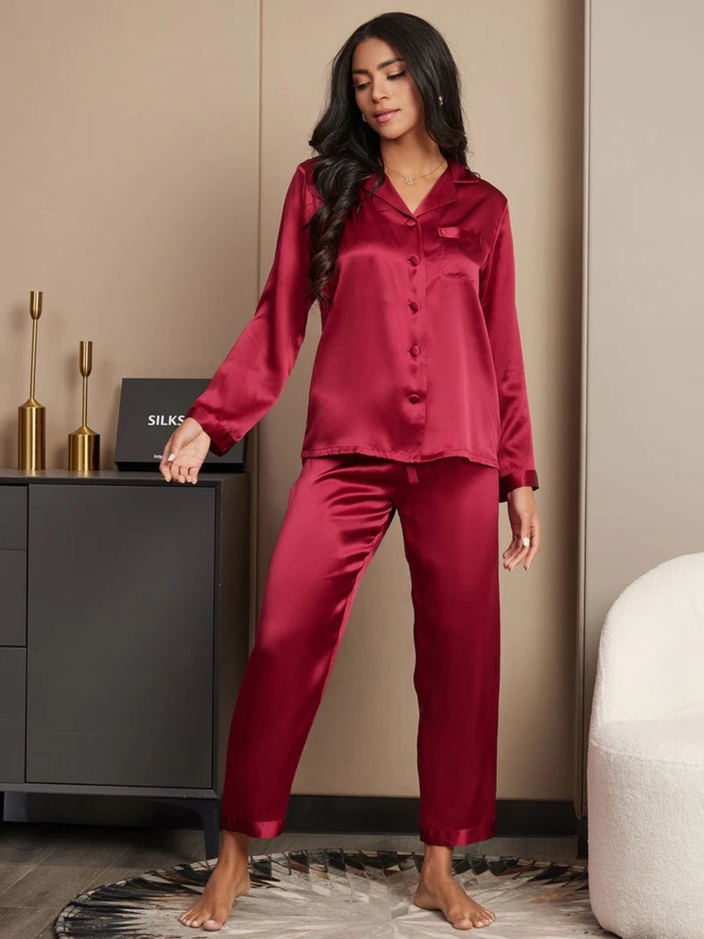 NWT Silksilky 100% Mulberry Silk Pajama Set Wine Burgundy S Luxury